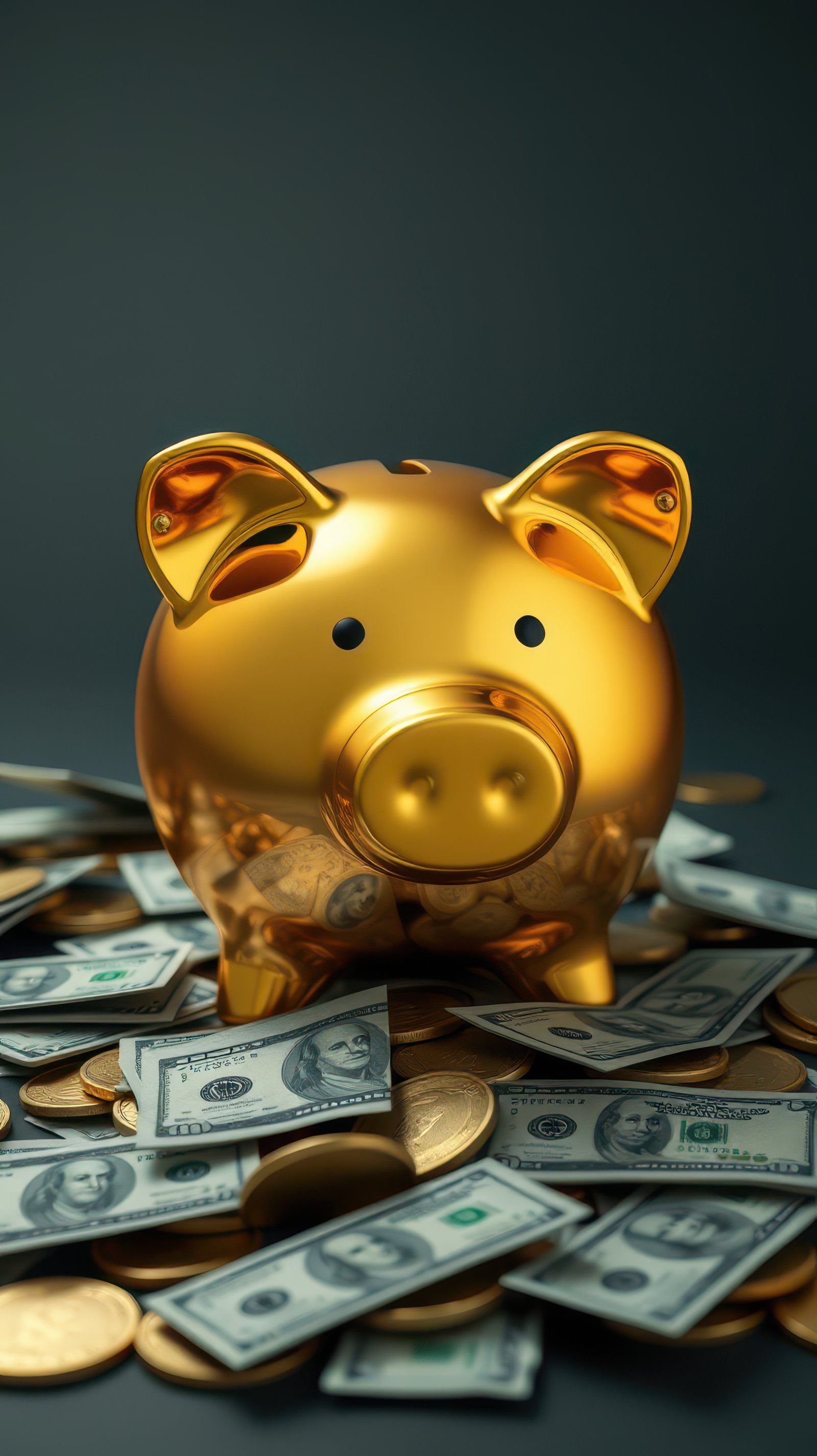 Golden piggy bank surrounded by cash and coins representing savings and financial success